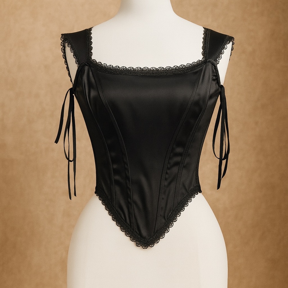 Elegant Black Satin Lace Up Corset- Large